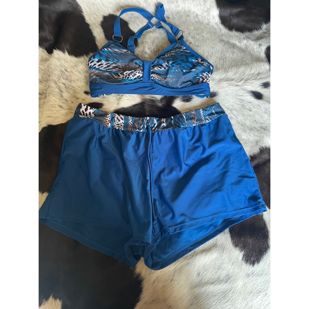 Blue Animal Print Swimsuit Tankini Set Swim Shorts top M bottoms L‎